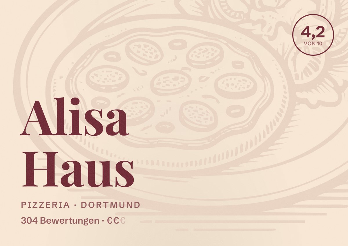 Illustriertes Poster von Alisa Haus, Pizzeria in Dortmund: Bewertung 4,2 von 10 aus 304 Bewertungen, Preisniveau €€