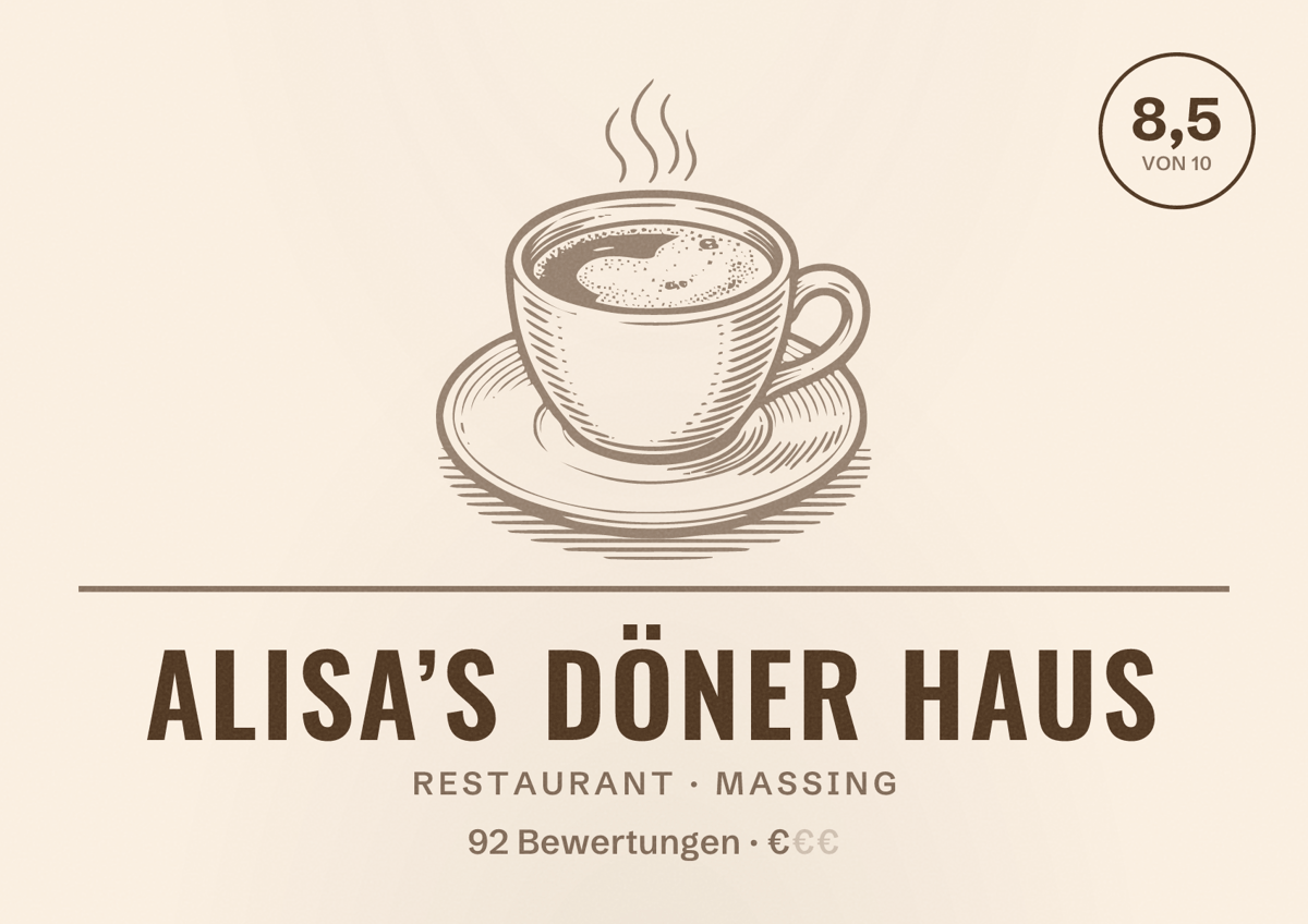 Illustriertes Poster von Alisa’s Döner Haus, Restaurant in Massing: Bewertung 8,5 von 10 aus 92 Bewertungen, Preisniveau €