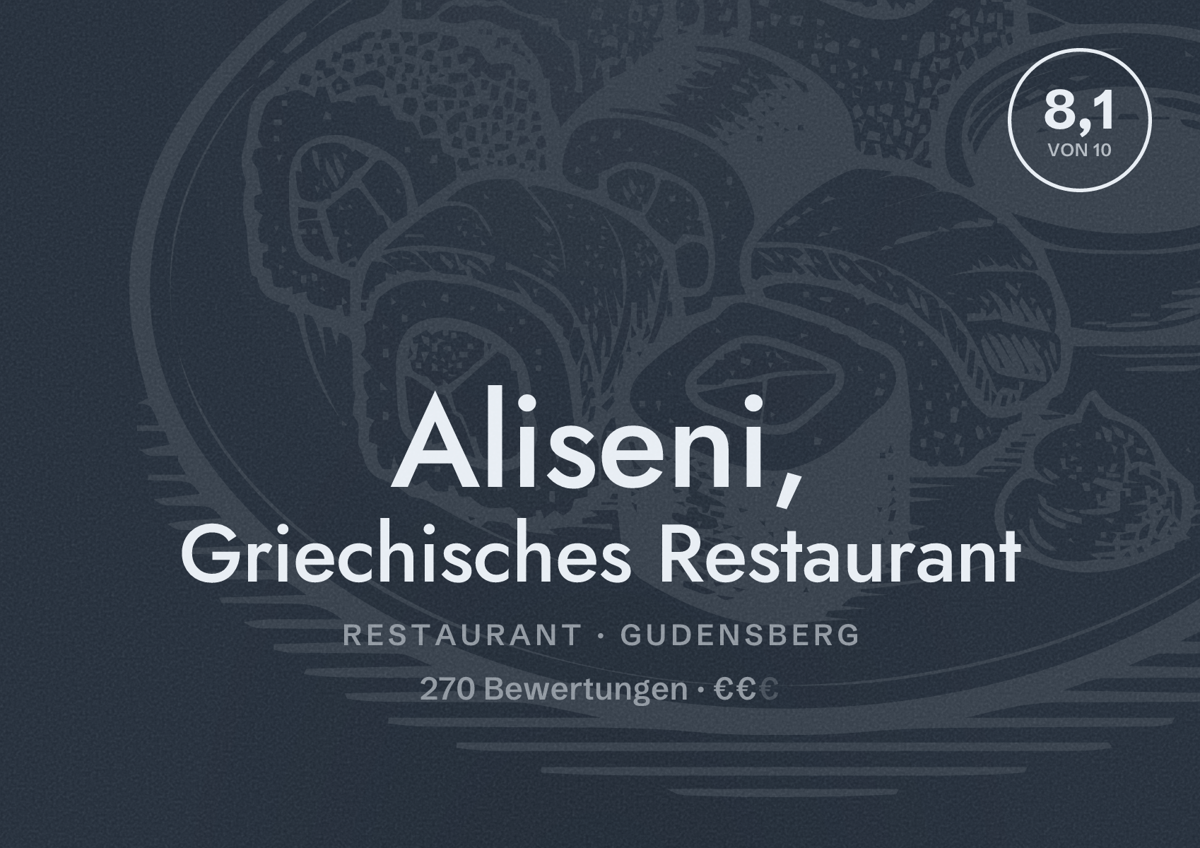 Illustriertes Poster von Aliseni, Griechisches Restaurant, Restaurant in Gudensberg: Bewertung 8,1 von 10 aus 270 Bewertungen, Preisniveau €€