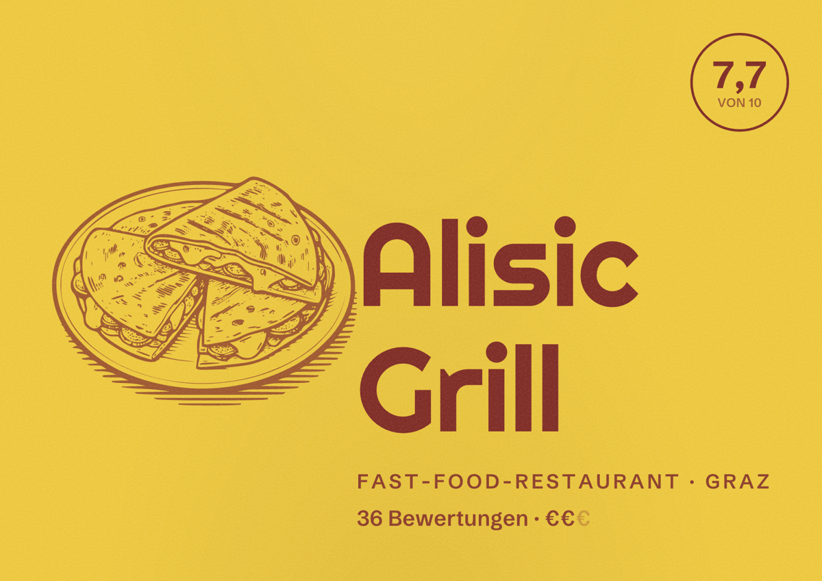 Illustriertes Poster von Alisic Grill, Fast-Food-Restaurant in Graz: Bewertung 7,7 von 10 aus 36 Bewertungen, Preisniveau €€