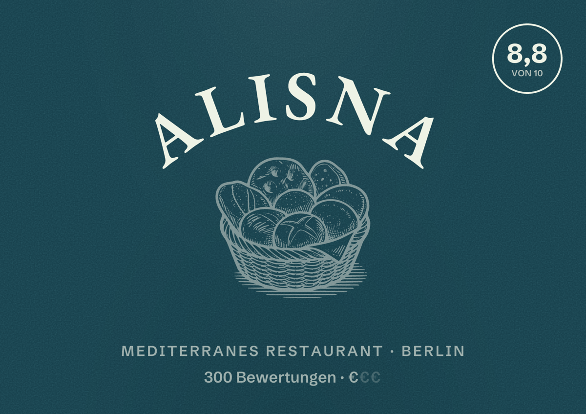 Illustriertes Poster von Alisna, Mediterranes Restaurant in Berlin: Bewertung 8,8 von 10 aus 300 Bewertungen, Preisniveau €