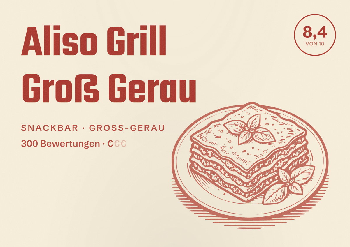 Illustriertes Poster von Aliso Grill Groß Gerau, Snackbar in Groß-Gerau: Bewertung 8,4 von 10 aus 300 Bewertungen, Preisniveau €
