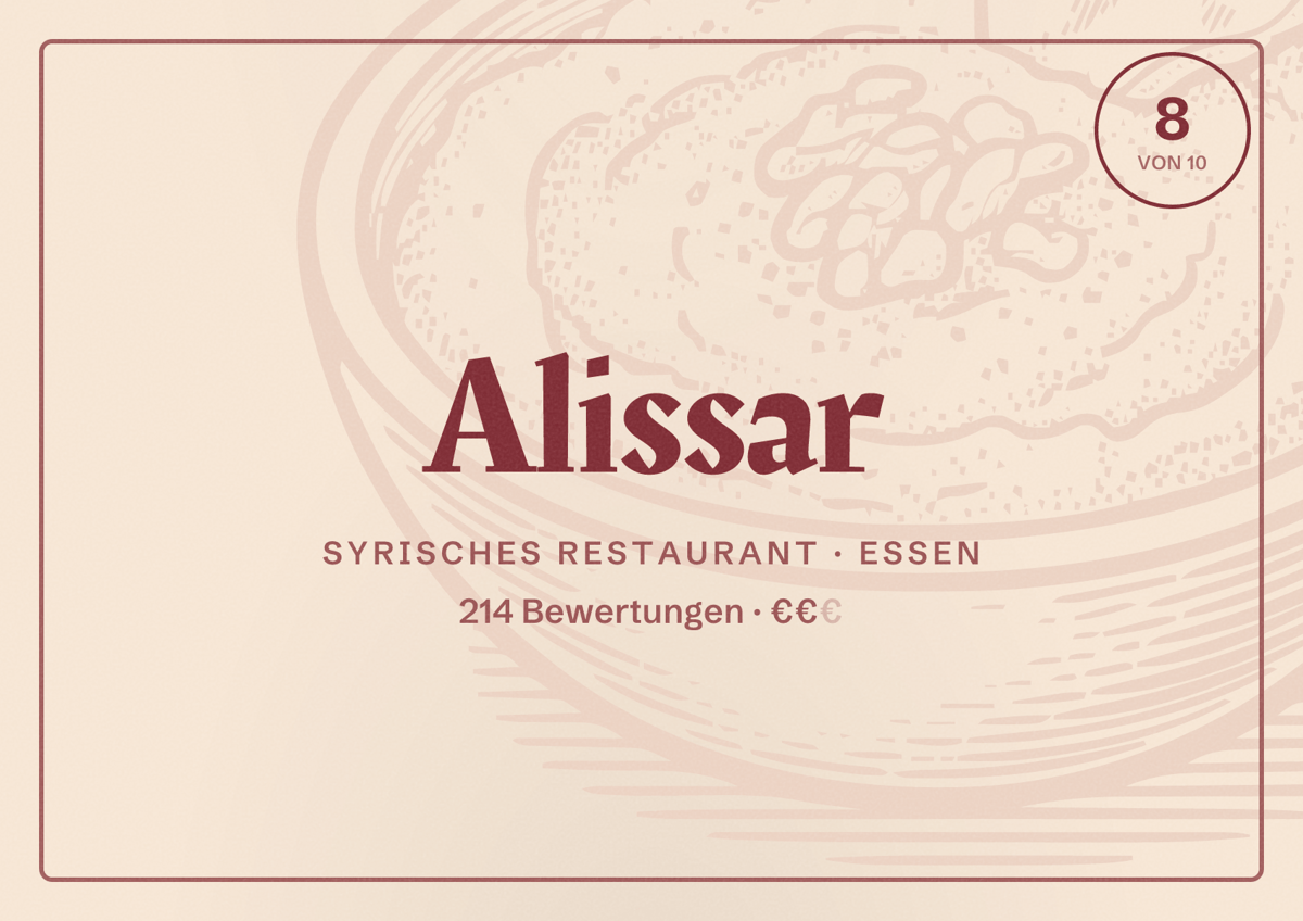 Illustriertes Poster von Alissar, Syrisches Restaurant in Essen: Bewertung 8 von 10 aus 214 Bewertungen, Preisniveau €€