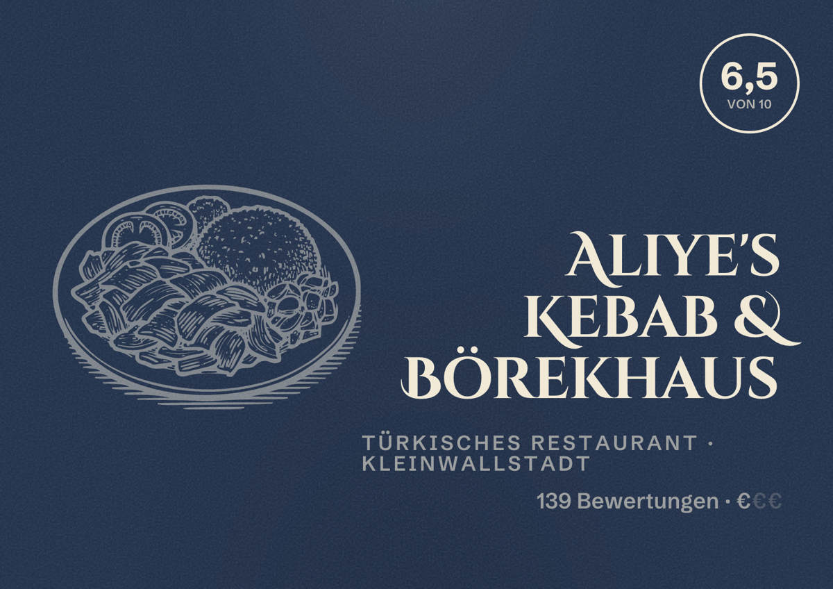 Illustriertes Poster von Aliye's Kebab & Börekhaus, Türkisches Restaurant in Kleinwallstadt: Bewertung 6,5 von 10 aus 139 Bewertungen, Preisniveau €