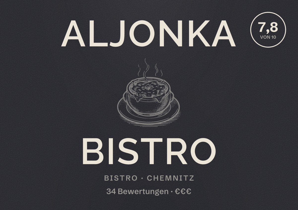 Illustriertes Poster von Aljonka Bistro, Bistro in Chemnitz: Bewertung 7,8 von 10 aus 34 Bewertungen, Preisniveau €€€