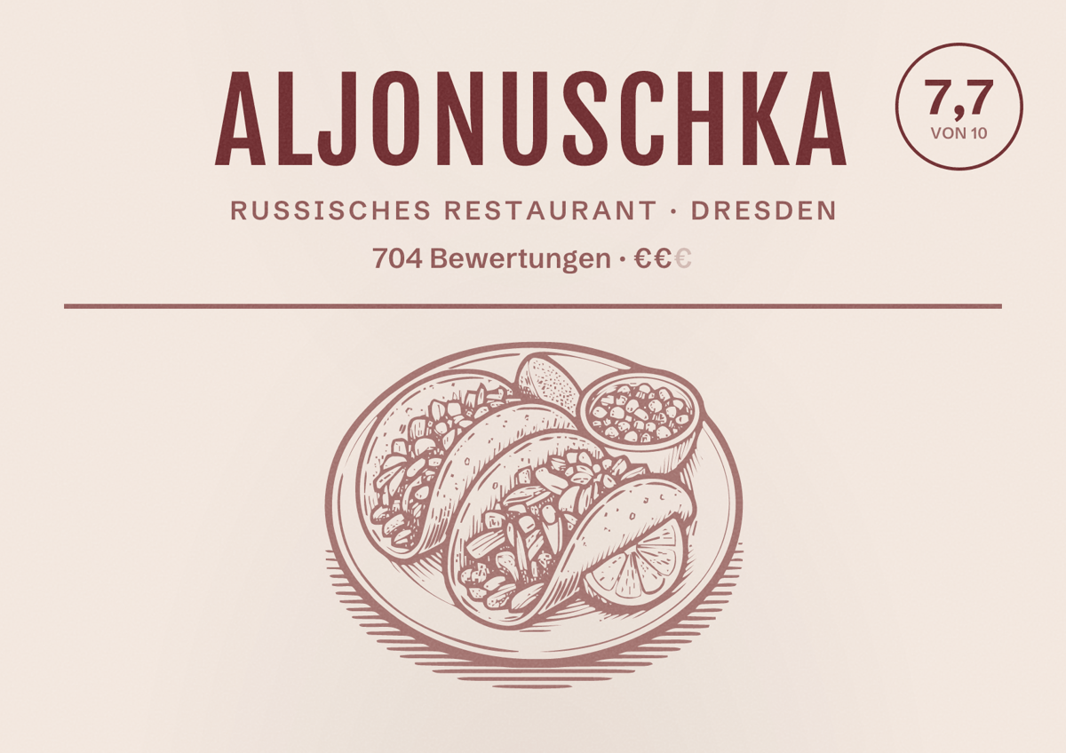 Illustriertes Poster von Aljonuschka, Russisches Restaurant in Dresden: Bewertung 7,7 von 10 aus 704 Bewertungen, Preisniveau €€