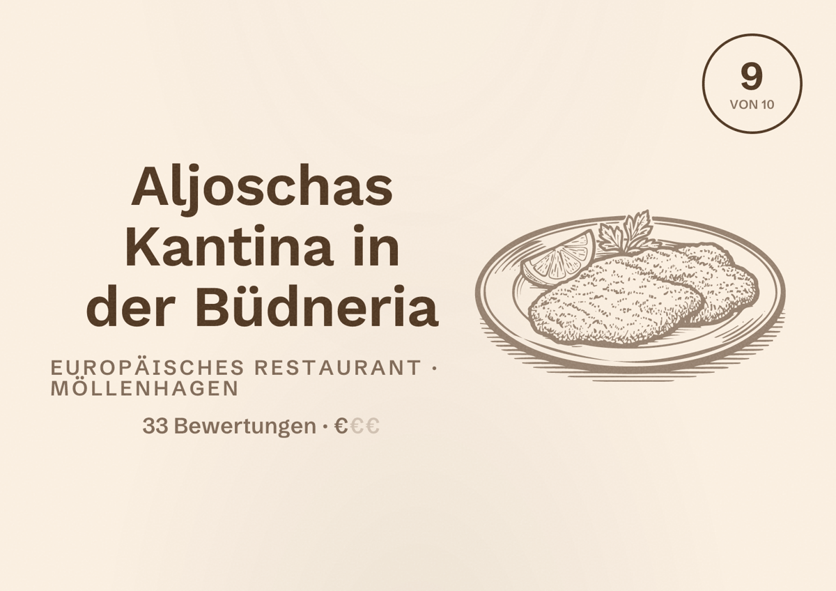 Illustriertes Poster von Aljoschas Kantina in der Büdneria, Europäisches Restaurant in Möllenhagen: Bewertung 9 von 10 aus 33 Bewertungen, Preisniveau €