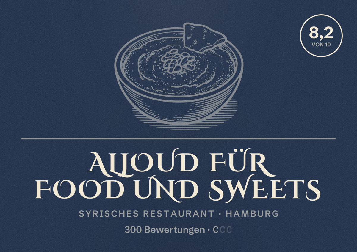 Illustriertes Poster von Aljoud für Food und Sweets, Syrisches Restaurant in Hamburg: Bewertung 8,2 von 10 aus 300 Bewertungen, Preisniveau €