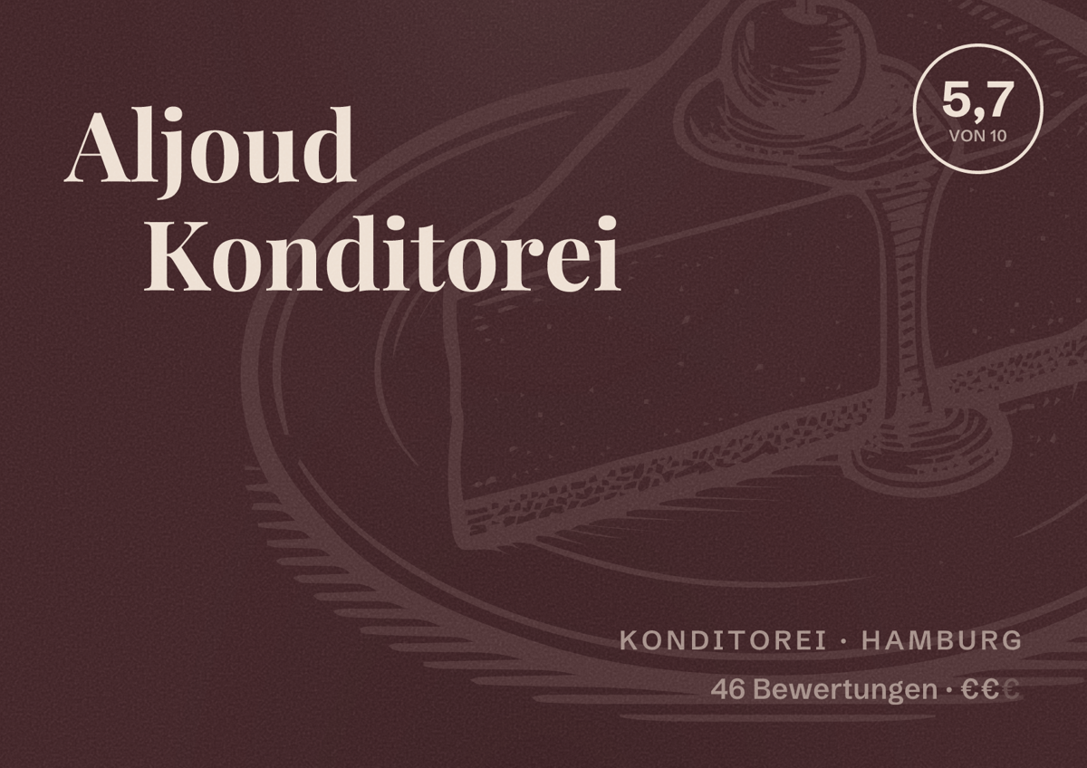 Illustriertes Poster von Aljoud Konditorei, Konditorei in Hamburg: Bewertung 5,7 von 10 aus 46 Bewertungen, Preisniveau €€
