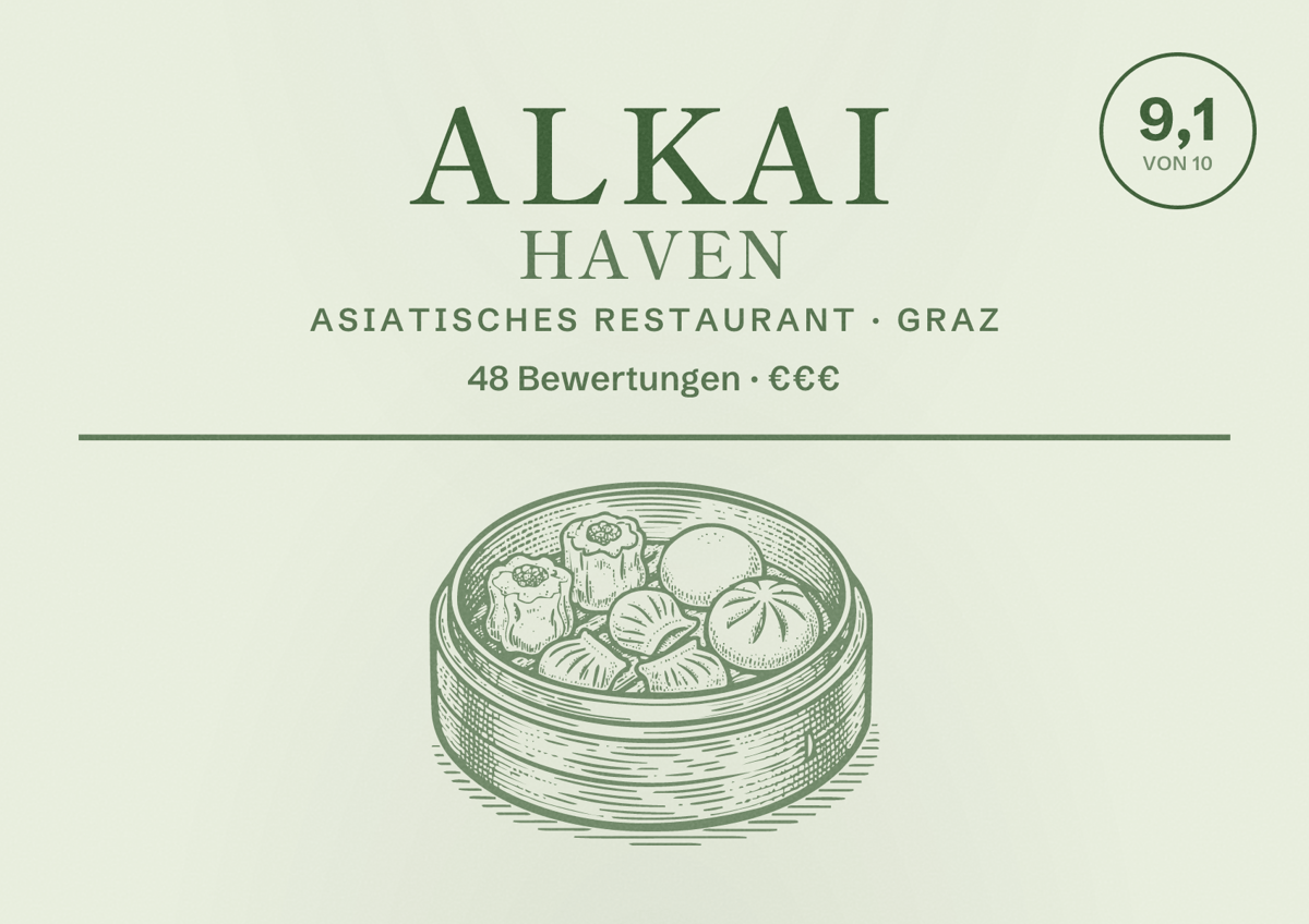 Illustriertes Poster von Alkai Haven, Asiatisches Restaurant in Graz: Bewertung 9,1 von 10 aus 48 Bewertungen, Preisniveau €€€
