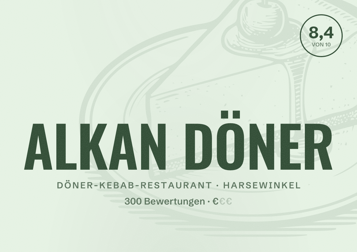 Illustriertes Poster von ALKAN DÖNER, Döner-Kebab-Restaurant in Harsewinkel: Bewertung 8,4 von 10 aus 300 Bewertungen, Preisniveau €