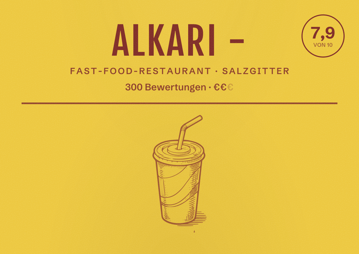 Illustriertes Poster von Alkari -, Fast-Food-Restaurant in Salzgitter: Bewertung 7,9 von 10 aus 300 Bewertungen, Preisniveau €€
