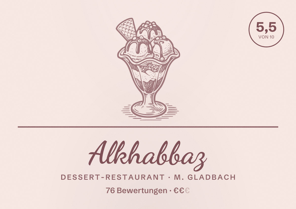 Illustriertes Poster von Alkhabbaz, Dessert-Restaurant in M. Gladbach: Bewertung 5,5 von 10 aus 76 Bewertungen, Preisniveau €€