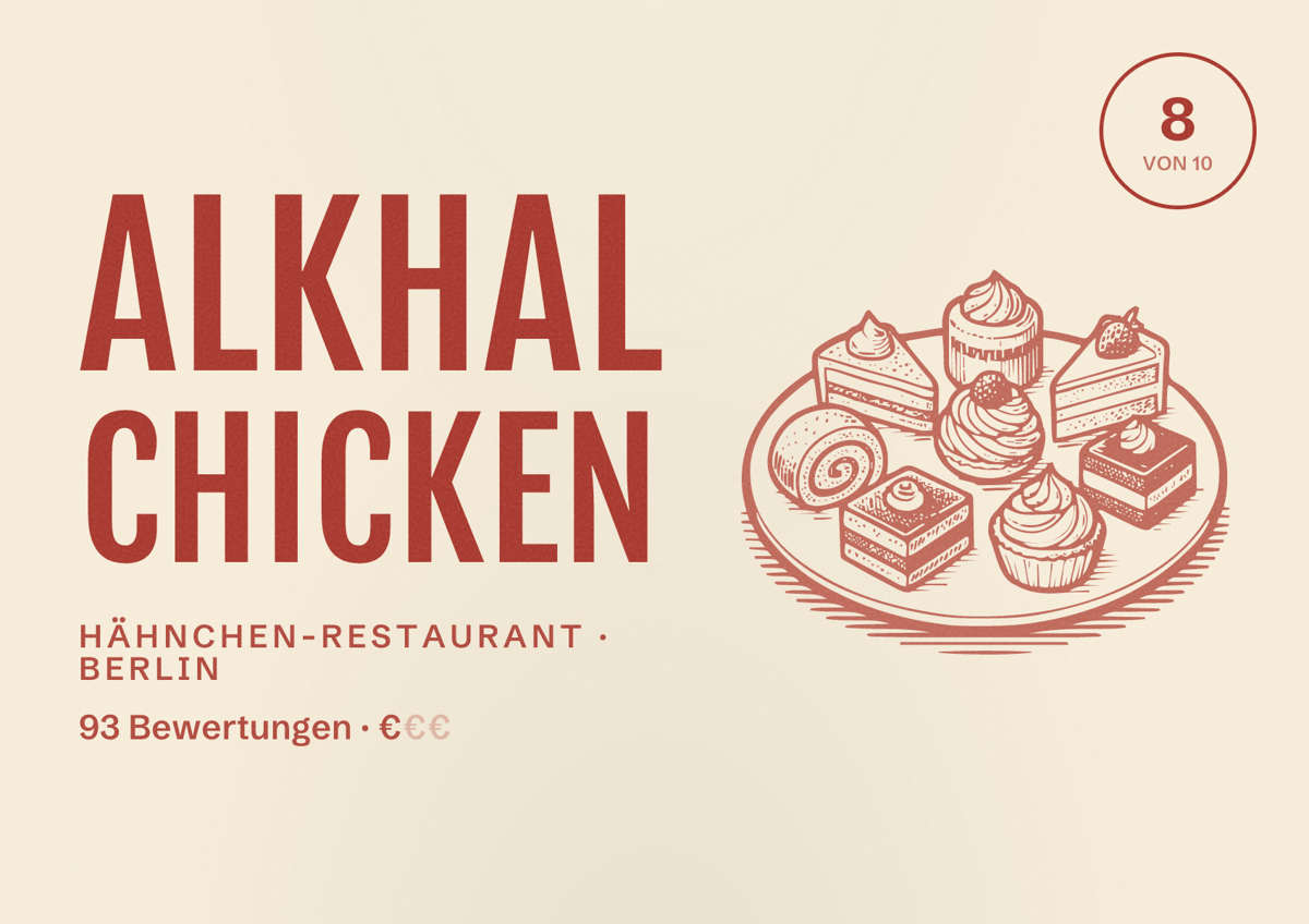 Illustriertes Poster von Alkhal Chicken, Hähnchen-Restaurant in Berlin: Bewertung 8 von 10 aus 93 Bewertungen, Preisniveau €