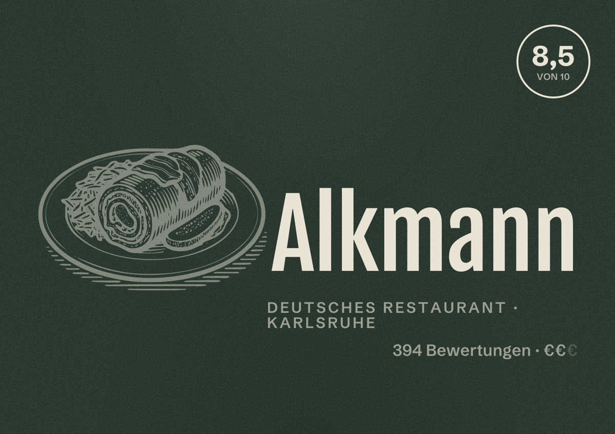 Illustriertes Poster von Alkmann, Deutsches Restaurant in Karlsruhe: Bewertung 8,5 von 10 aus 394 Bewertungen, Preisniveau €€