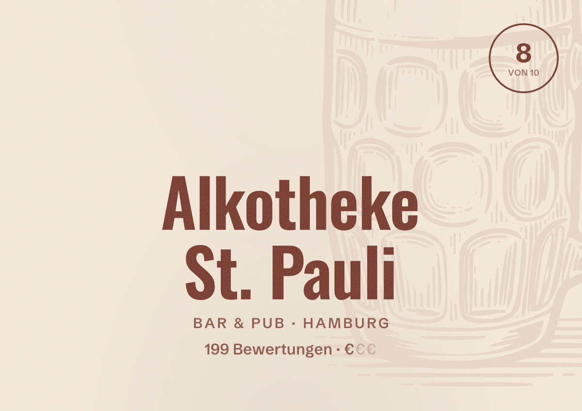 Illustriertes Poster von Alkotheke St. Pauli, Bar & Pub in Hamburg: Bewertung 8 von 10 aus 199 Bewertungen, Preisniveau €
