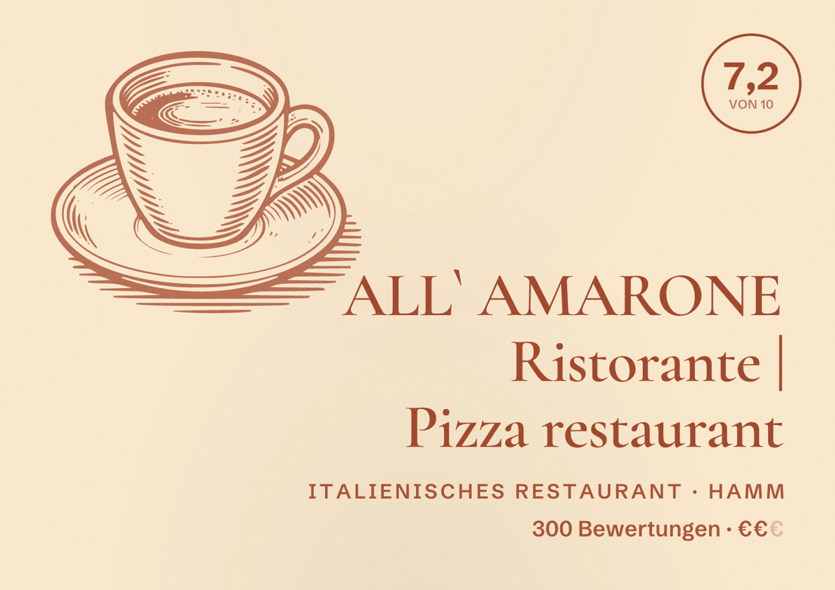 Illustriertes Poster von ALL` AMARONE Ristorante | Pizza restaurant, Italienisches Restaurant in Hamm: Bewertung 7,2 von 10 aus 300 Bewertungen, Preisniveau €€