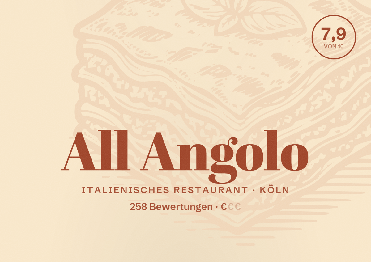 Illustriertes Poster von All Angolo, Italienisches Restaurant in Köln: Bewertung 7,9 von 10 aus 258 Bewertungen, Preisniveau €