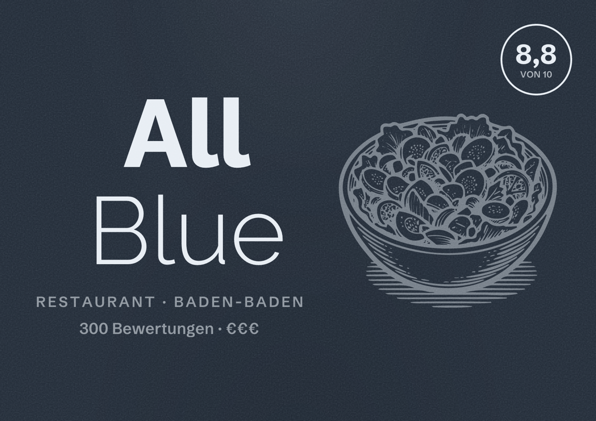 Illustriertes Poster von All Blue, Restaurant in Baden-Baden: Bewertung 8,8 von 10 aus 300 Bewertungen, Preisniveau €€€