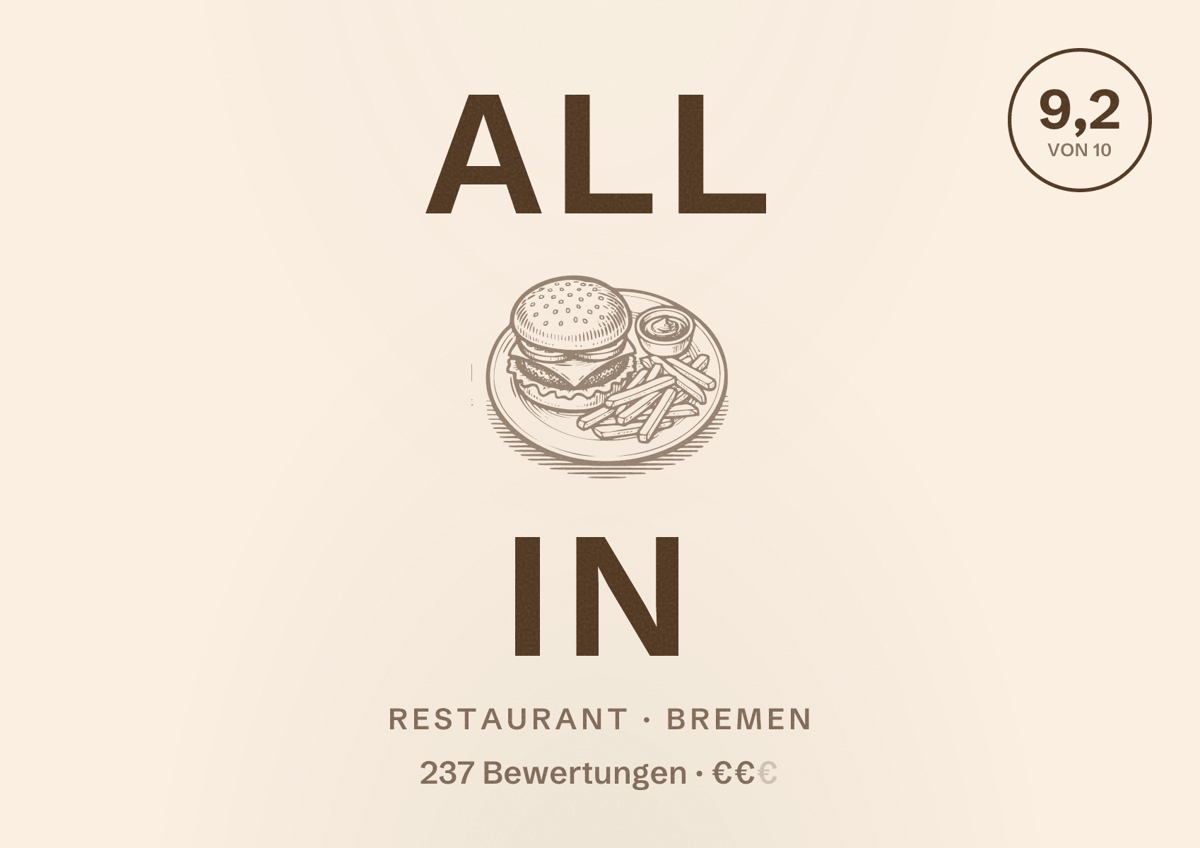 Illustriertes Poster von All In, Restaurant in Bremen: Bewertung 9,2 von 10 aus 237 Bewertungen, Preisniveau €€