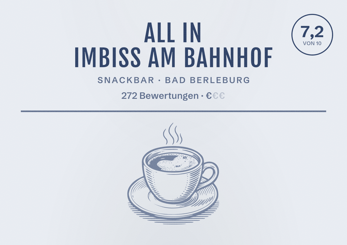 Illustriertes Poster von ALL IN Imbiss am Bahnhof, Snackbar in Bad Berleburg: Bewertung 7,2 von 10 aus 272 Bewertungen, Preisniveau €