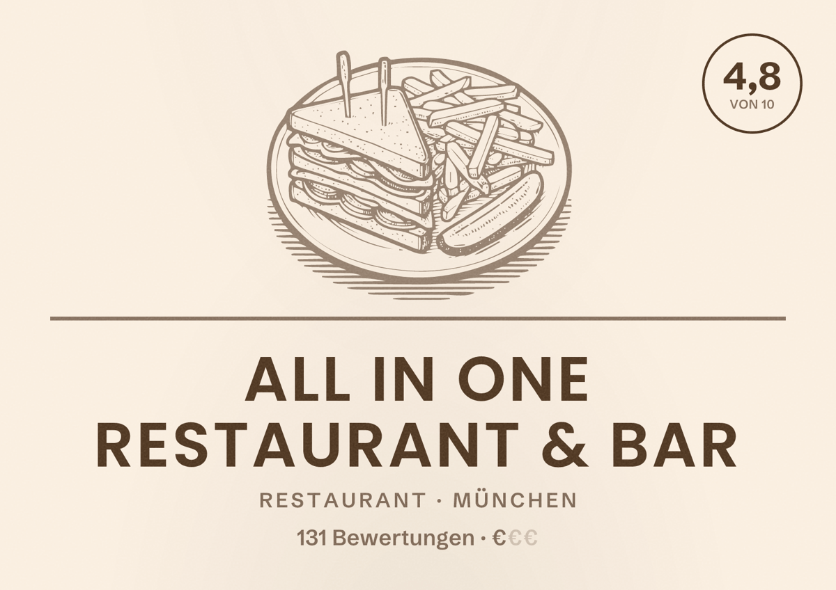 Illustriertes Poster von All in One Restaurant & Bar, Restaurant in München: Bewertung 4,8 von 10 aus 131 Bewertungen, Preisniveau €