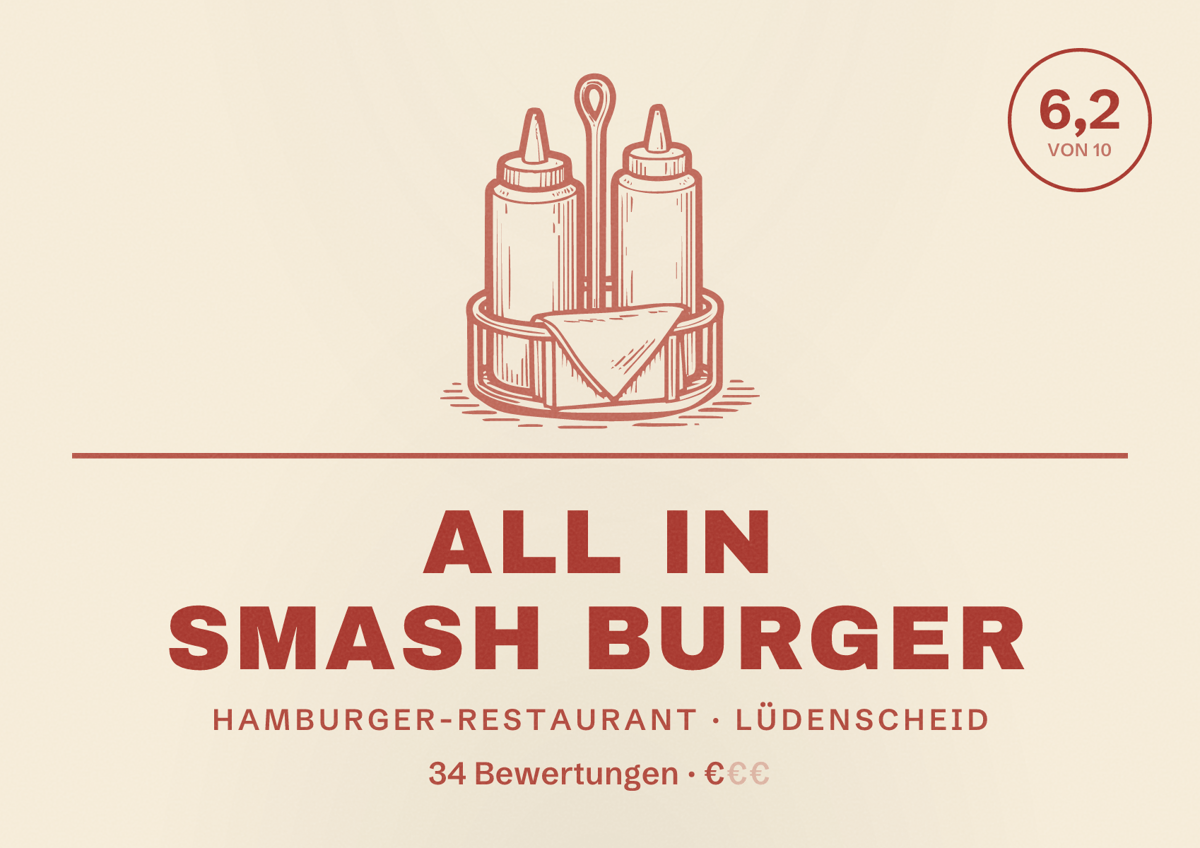 Illustriertes Poster von All In Smash Burger, Hamburger-Restaurant in Lüdenscheid: Bewertung 6,2 von 10 aus 34 Bewertungen, Preisniveau €