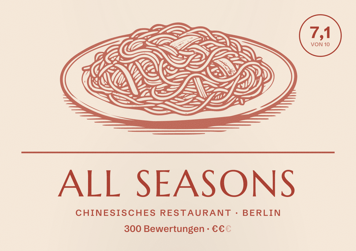 Illustriertes Poster von All Seasons, Chinesisches Restaurant in Berlin: Bewertung 7,1 von 10 aus 300 Bewertungen, Preisniveau €€