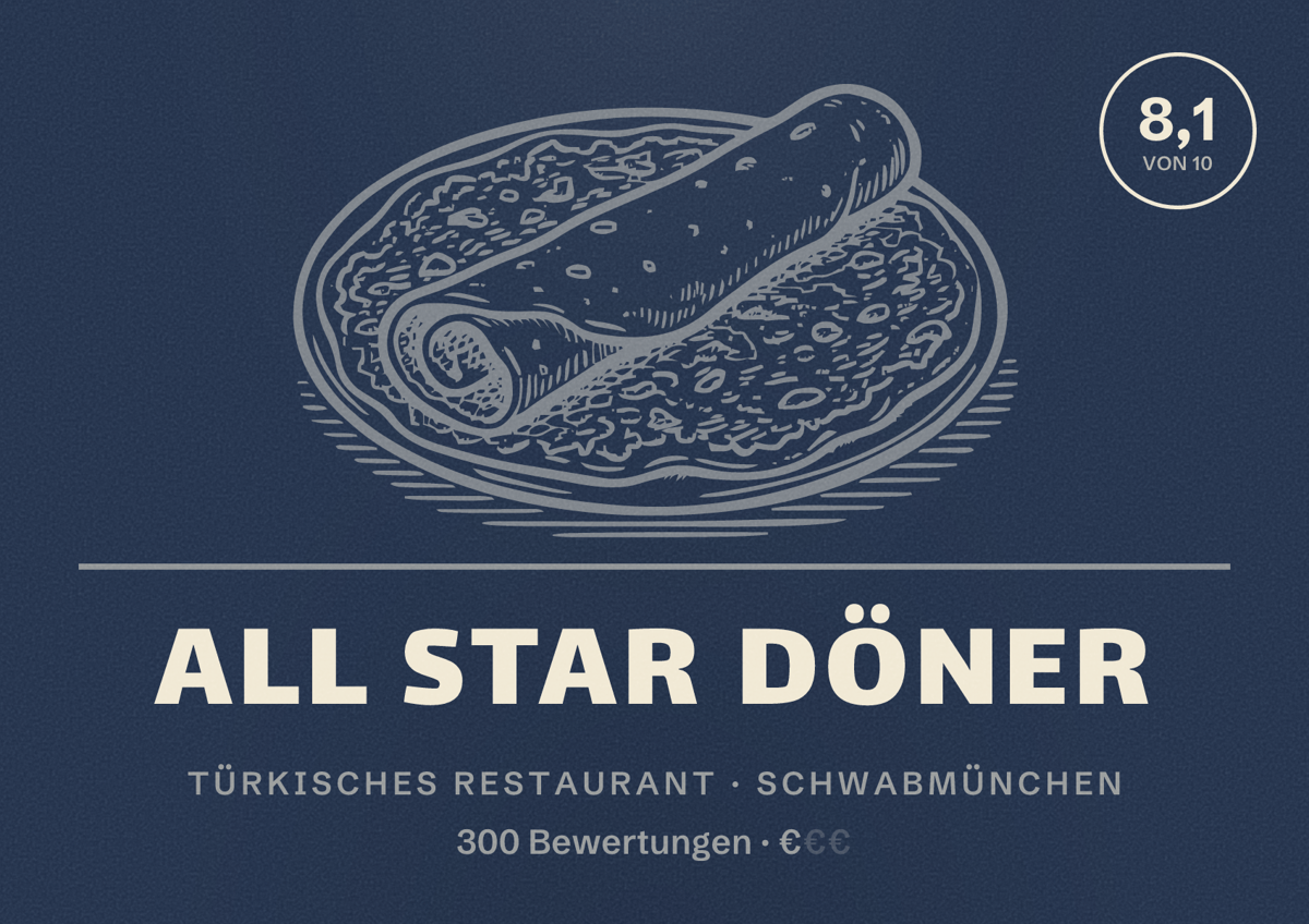 Illustriertes Poster von All Star Döner, Türkisches Restaurant in Schwabmünchen: Bewertung 8,1 von 10 aus 300 Bewertungen, Preisniveau €
