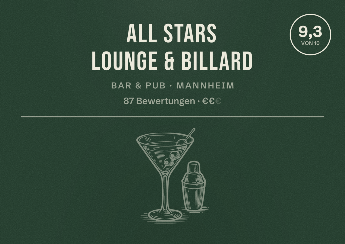 Illustriertes Poster von All Stars Lounge & Billard, Bar & Pub in Mannheim: Bewertung 9,3 von 10 aus 87 Bewertungen, Preisniveau €€