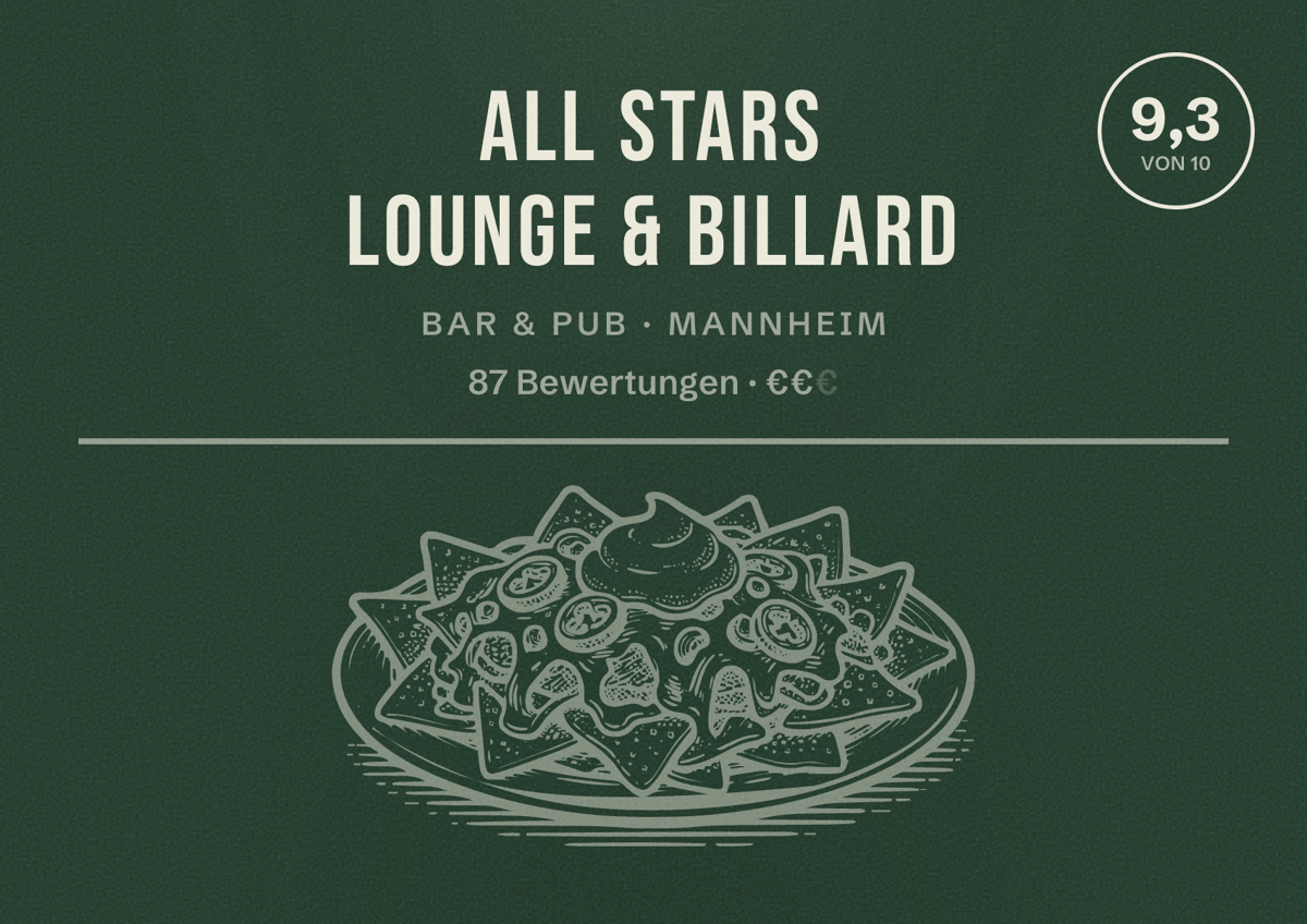 Illustriertes Poster von All Stars Lounge & Billard, Bar & Pub in Mannheim: Bewertung 9,3 von 10 aus 87 Bewertungen, Preisniveau €€