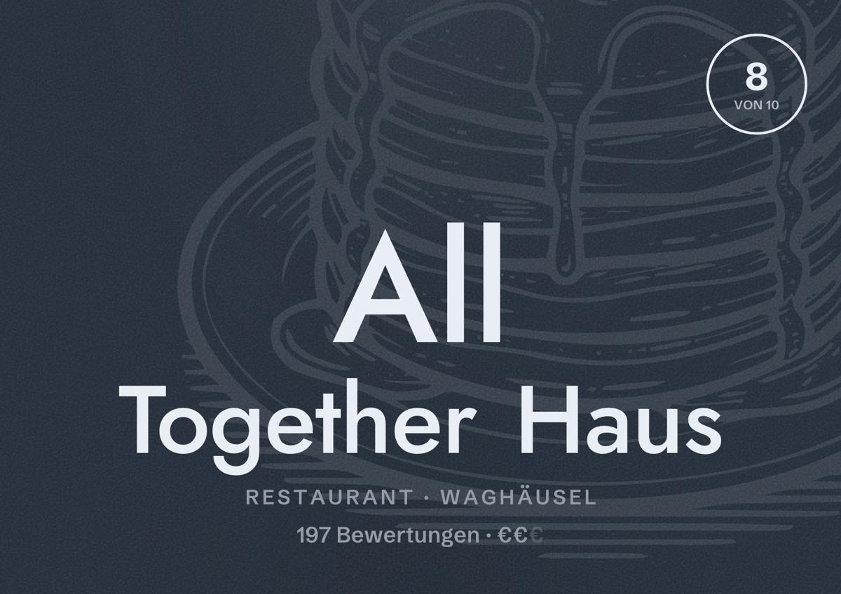 Illustriertes Poster von All Together Haus, Restaurant in Waghäusel: Bewertung 8 von 10 aus 197 Bewertungen, Preisniveau €€