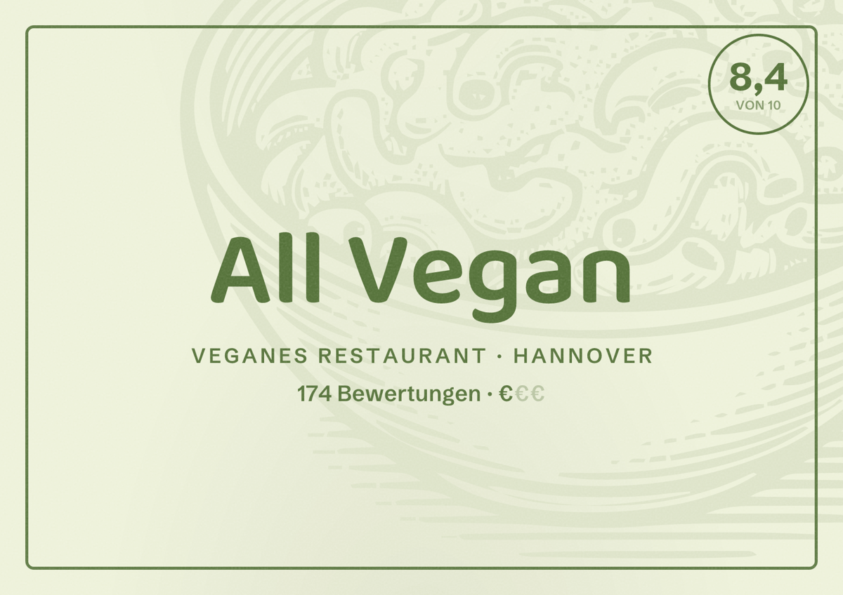 Illustriertes Poster von All Vegan, Veganes Restaurant in Hannover: Bewertung 8,4 von 10 aus 174 Bewertungen, Preisniveau €