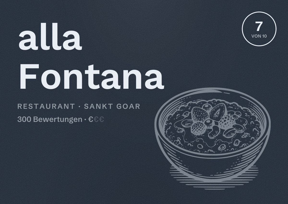 Illustriertes Poster von alla Fontana, Restaurant in Sankt Goar: Bewertung 7 von 10 aus 300 Bewertungen, Preisniveau €