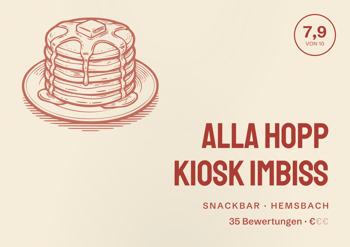 Illustriertes Poster von alla hopp Kiosk Imbiss, Snackbar in Hemsbach: Bewertung 7,9 von 10 aus 35 Bewertungen, Preisniveau €