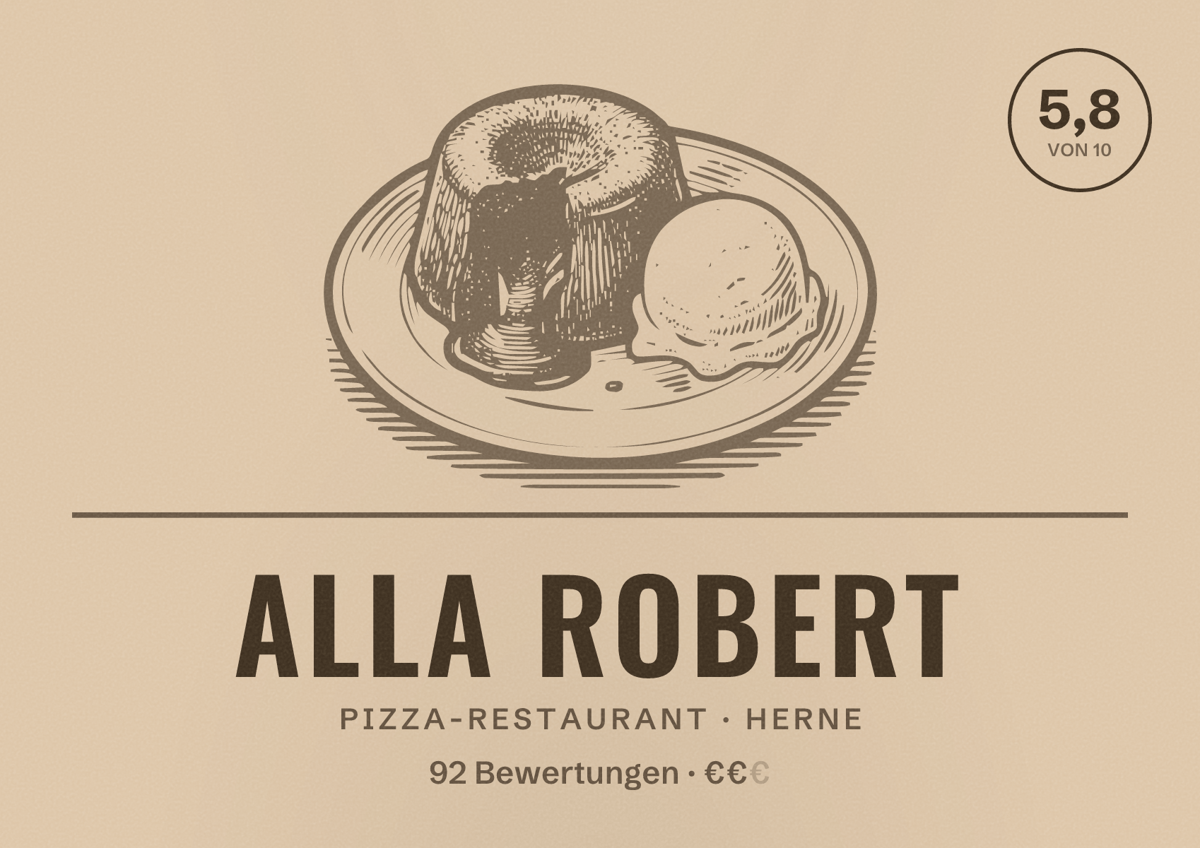 Illustriertes Poster von Alla Robert, Pizza-Restaurant in Herne: Bewertung 5,8 von 10 aus 92 Bewertungen, Preisniveau €€