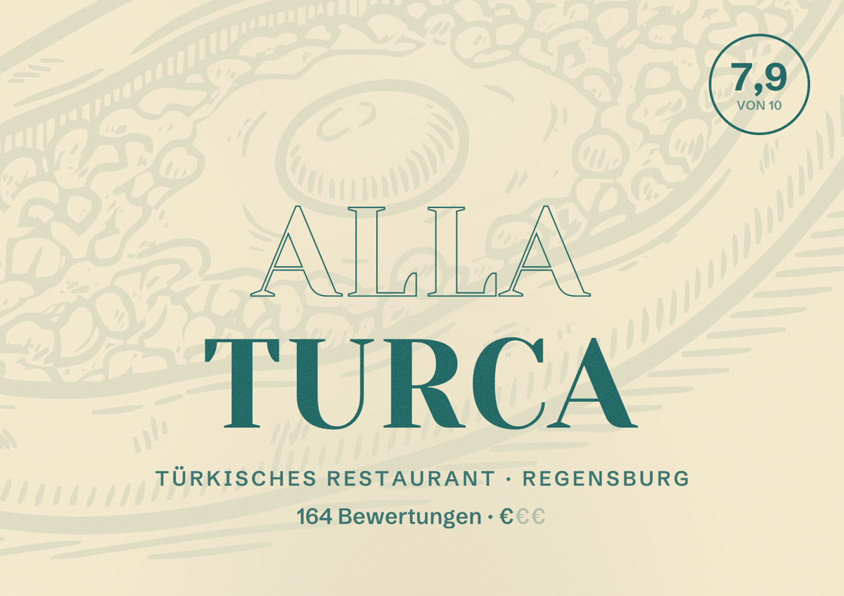 Illustriertes Poster von Alla Turca, Türkisches Restaurant in Regensburg: Bewertung 7,9 von 10 aus 164 Bewertungen, Preisniveau €