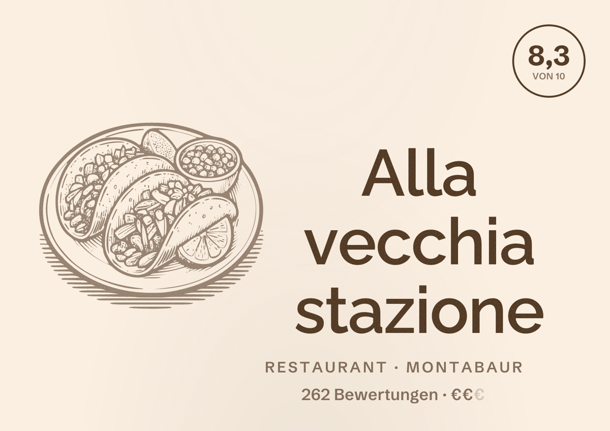 Illustriertes Poster von Alla vecchia stazione, Restaurant in Montabaur: Bewertung 8,3 von 10 aus 262 Bewertungen, Preisniveau €€