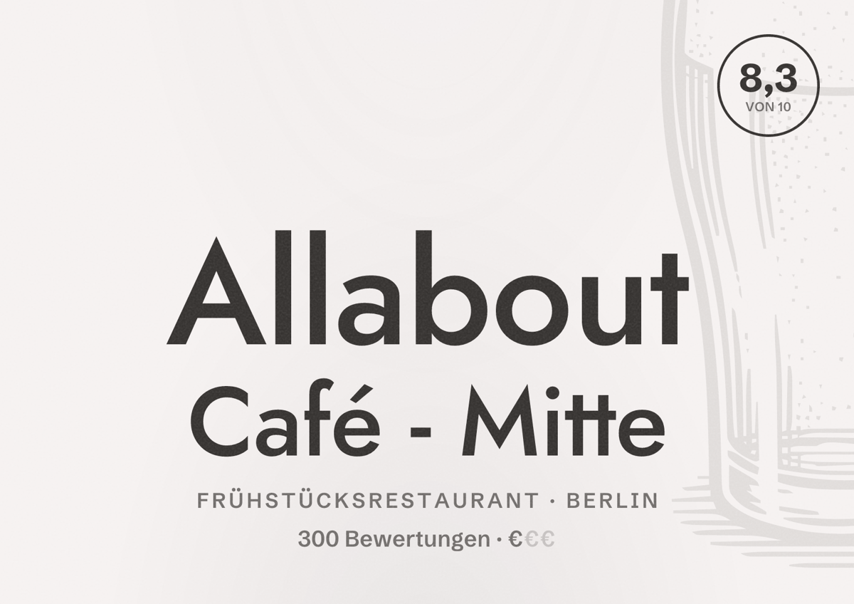 Illustriertes Poster von Allabout Café - Mitte, Frühstücksrestaurant in Berlin: Bewertung 8,3 von 10 aus 300 Bewertungen, Preisniveau €