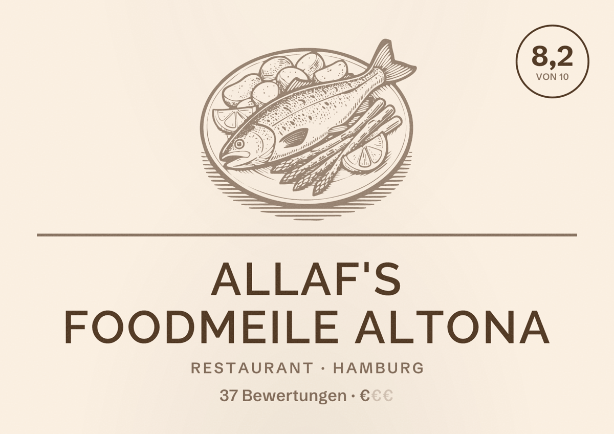 Illustriertes Poster von Allaf's Foodmeile Altona, Restaurant in Hamburg: Bewertung 8,2 von 10 aus 37 Bewertungen, Preisniveau €