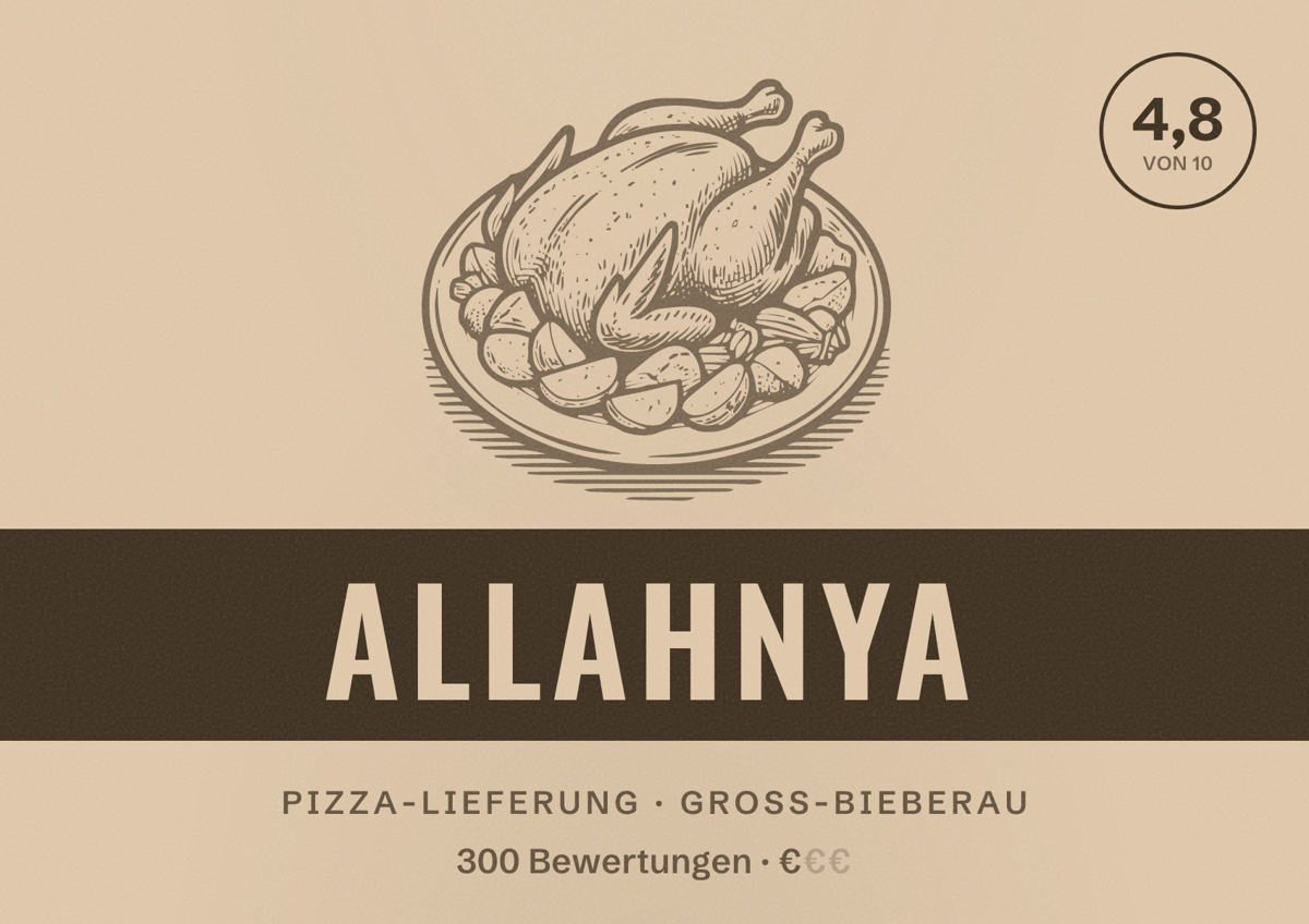 Illustriertes Poster von Allahnya, Pizza-Lieferung in Groß-Bieberau: Bewertung 4,8 von 10 aus 300 Bewertungen, Preisniveau €