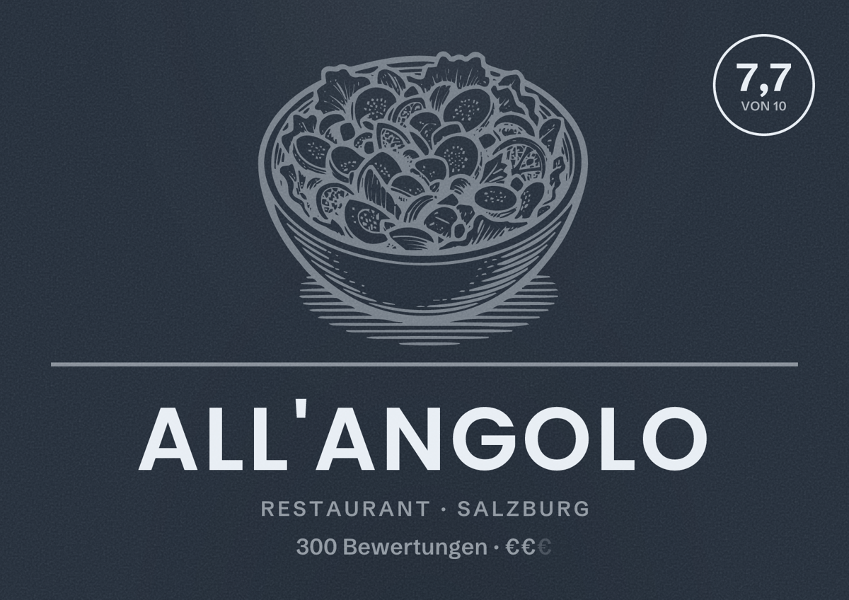 Illustriertes Poster von All'angolo, Restaurant in Salzburg: Bewertung 7,7 von 10 aus 300 Bewertungen, Preisniveau €€