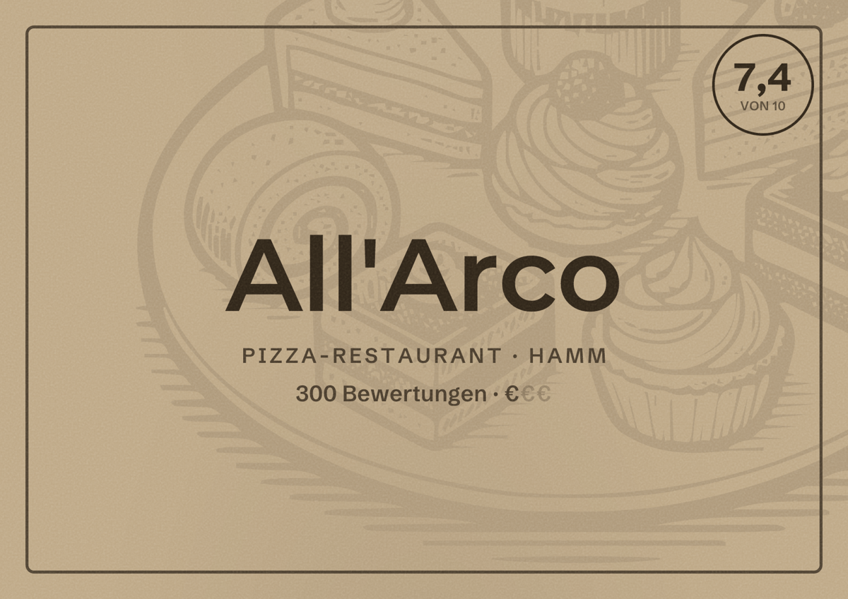 Illustriertes Poster von All'Arco, Pizza-Restaurant in Hamm: Bewertung 7,4 von 10 aus 300 Bewertungen, Preisniveau €