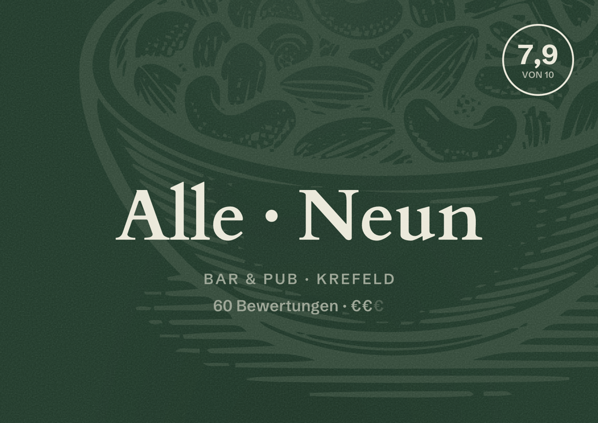 Illustriertes Poster von Alle Neun, Bar & Pub in Krefeld: Bewertung 7,9 von 10 aus 60 Bewertungen, Preisniveau €€