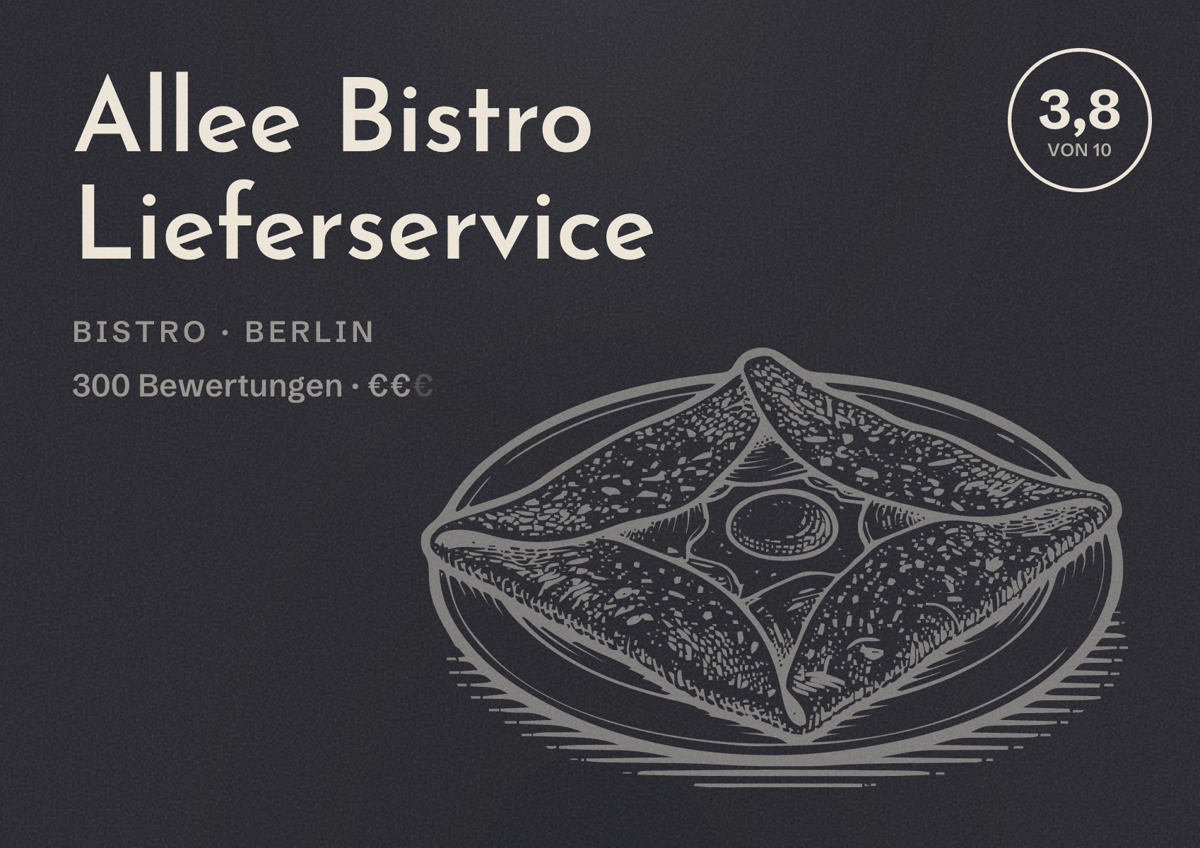Illustriertes Poster von Allee Bistro Lieferservice, Bistro in Berlin: Bewertung 3,8 von 10 aus 300 Bewertungen, Preisniveau €€