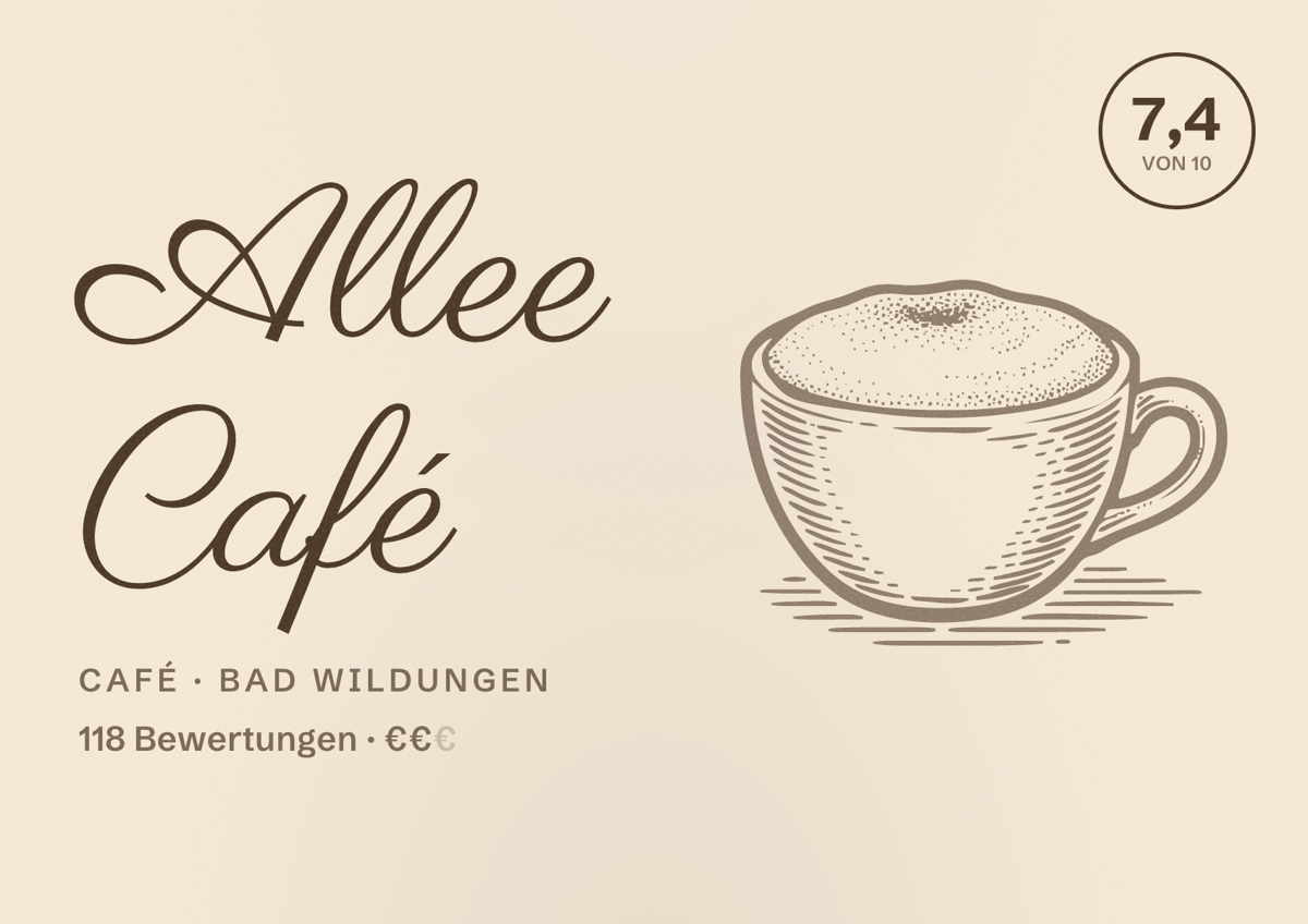 Illustriertes Poster von Allee Café, Café in Bad Wildungen: Bewertung 7,4 von 10 aus 118 Bewertungen, Preisniveau €€