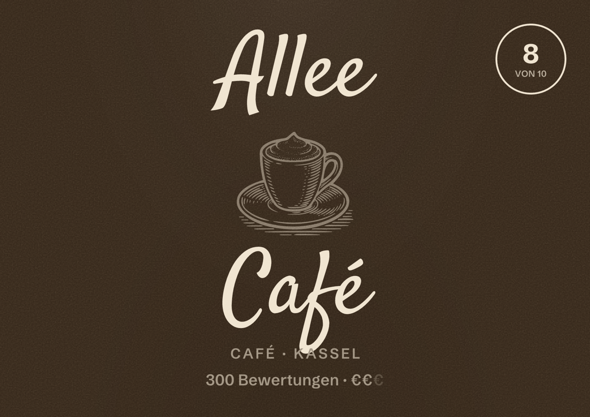 Illustriertes Poster von Allee Café, Café in Kassel: Bewertung 8 von 10 aus 300 Bewertungen, Preisniveau €€