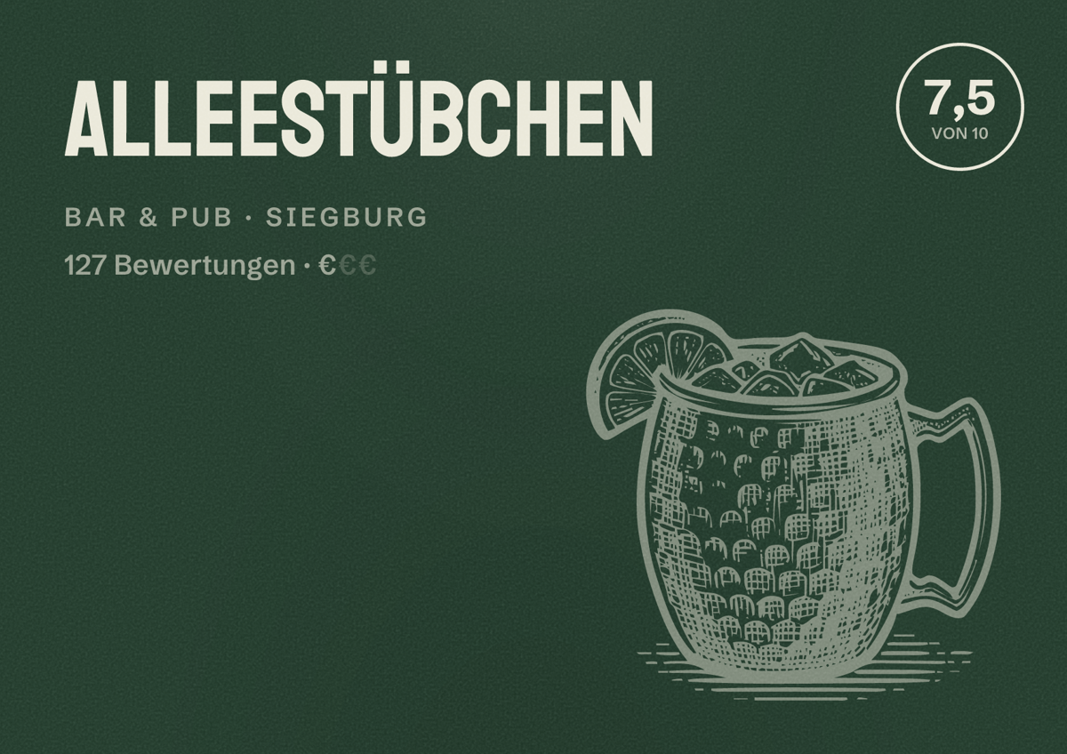 Illustriertes Poster von Alleestübchen, Bar & Pub in Siegburg: Bewertung 7,5 von 10 aus 127 Bewertungen, Preisniveau €