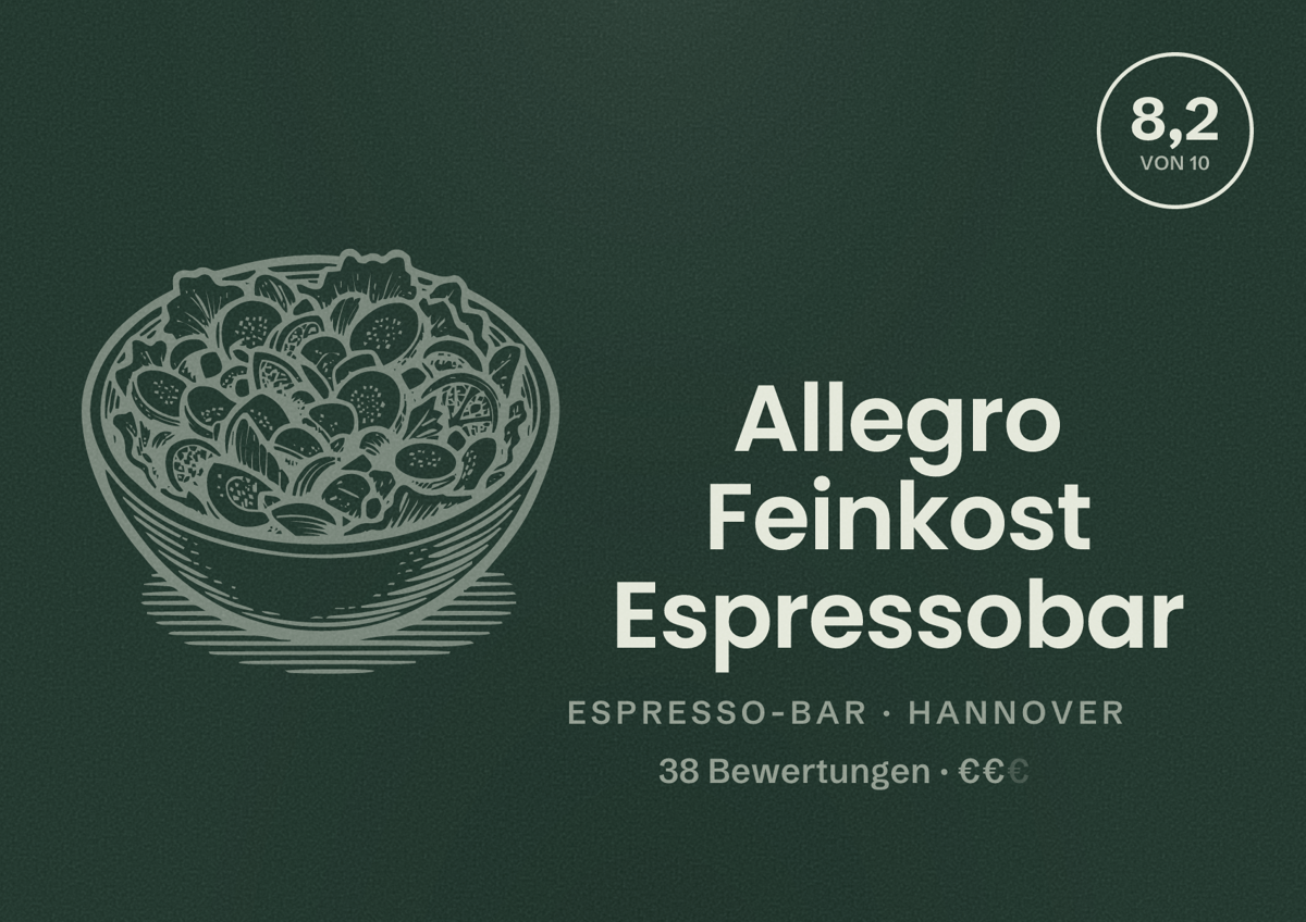 Illustriertes Poster von Allegro Feinkost Espressobar, Espresso-Bar in Hannover: Bewertung 8,2 von 10 aus 38 Bewertungen, Preisniveau €€