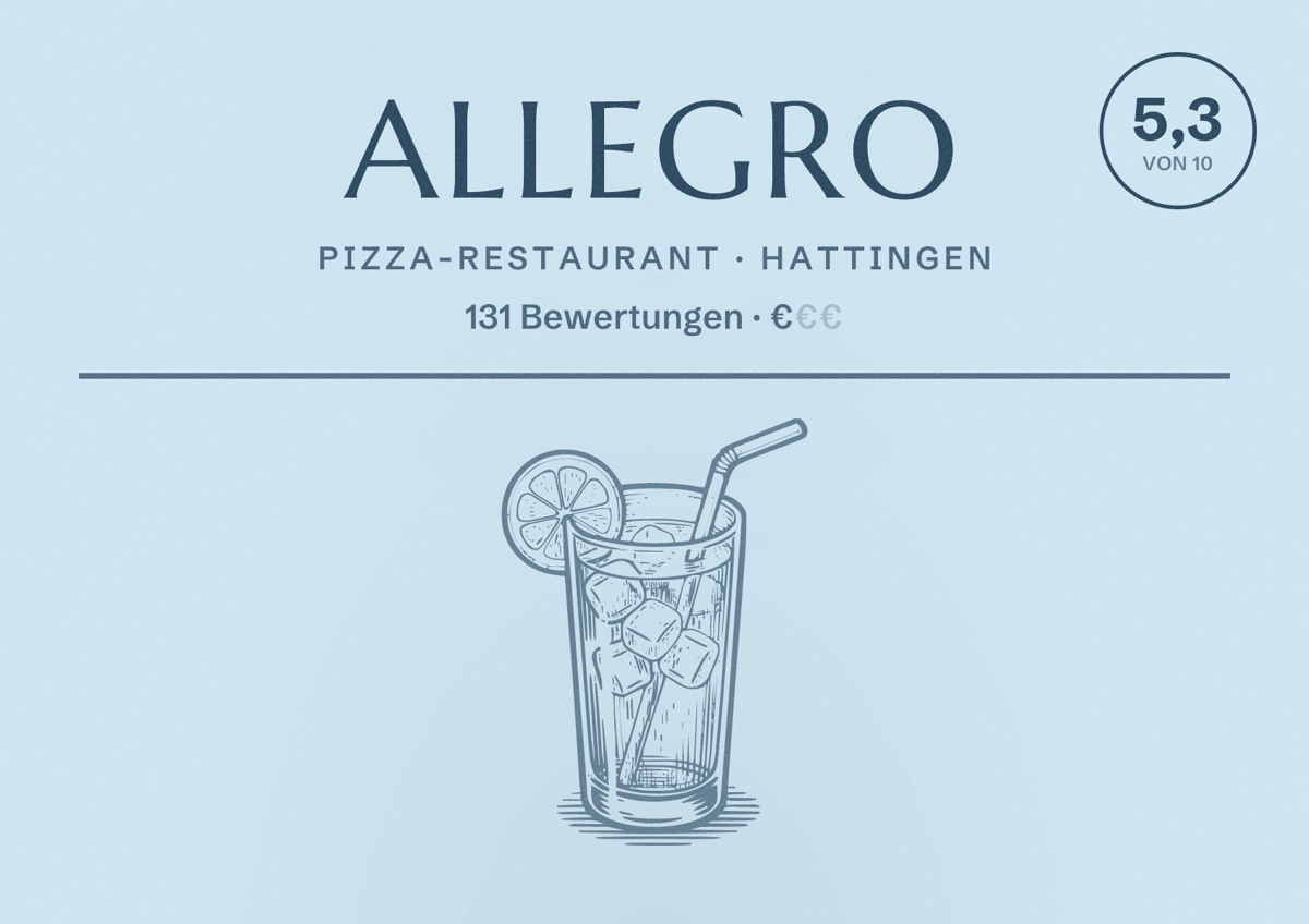 Illustriertes Poster von Allegro, Pizza-Restaurant in Hattingen: Bewertung 5,3 von 10 aus 131 Bewertungen, Preisniveau €